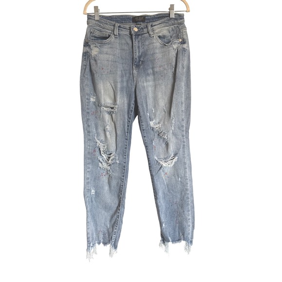 Judy Blue Jeans Sz 9 Distressed Ripped Paint Splatter Frayed Hem Crop Jeans - Picture 1 of 9